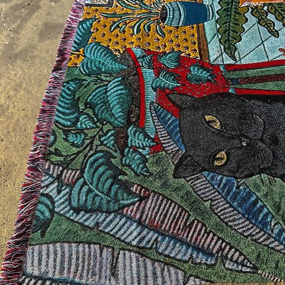Botanical Cat Woven Tapestry Blanket – Vintage Jungle Home Decor (50x60”) - Picture 3 of 6